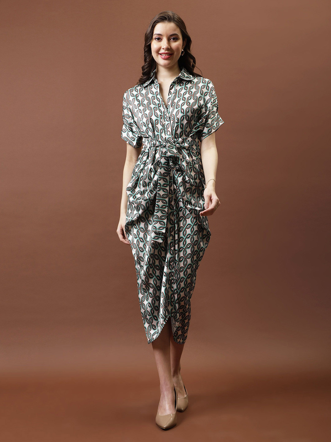 Athena Print Geathered Hem Satin Midi Shirt  Dress