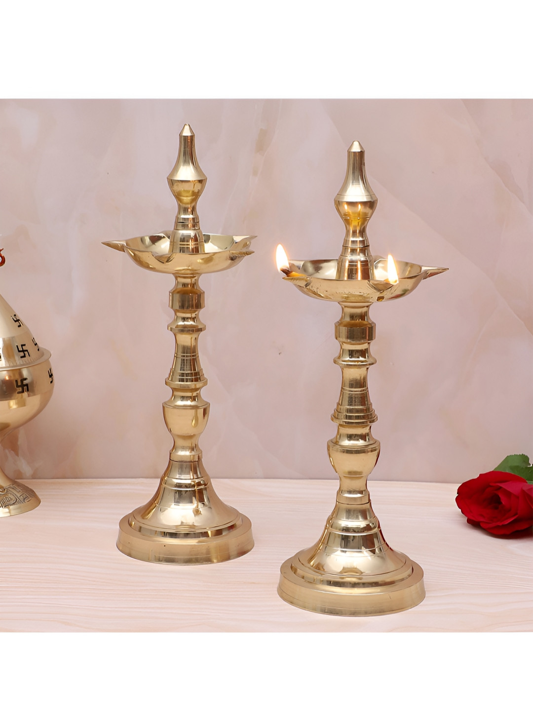 Two Moustaches Gold-Toned 2 Pieces Brass Samai Stand Diya