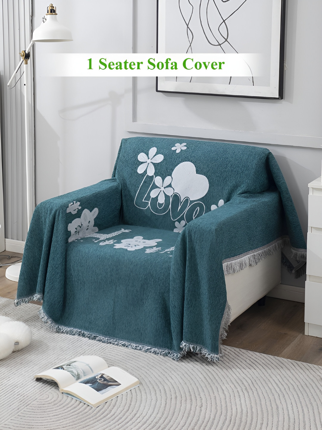 HOKIPO Green & White Floral Printed 1 Seater Thick and Soft Sofa Throw
