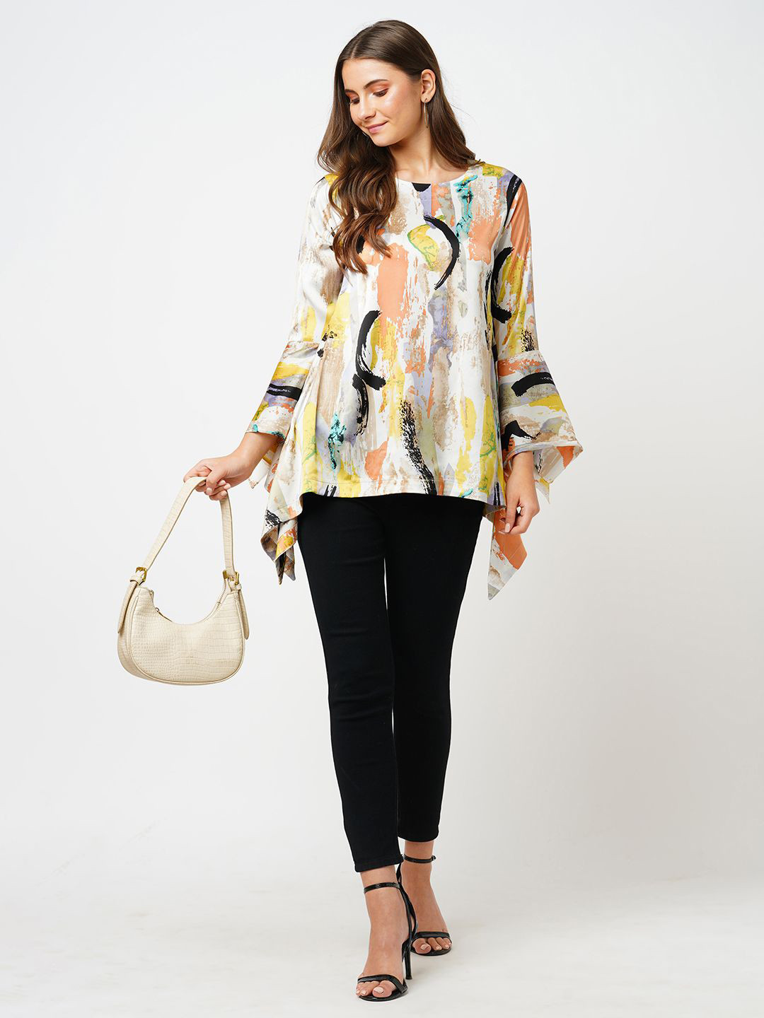 ESTERIA Print Bell Sleeve Satin High-Low Top