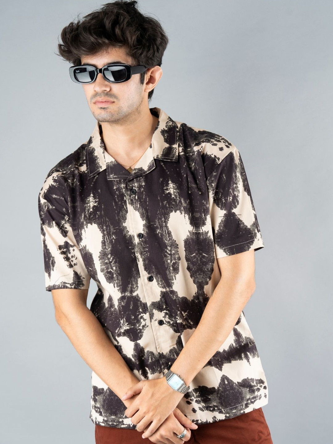 PRONK Men Relaxed Cuban Collar Printed Cotton Relaxed Fit Casual Shirt