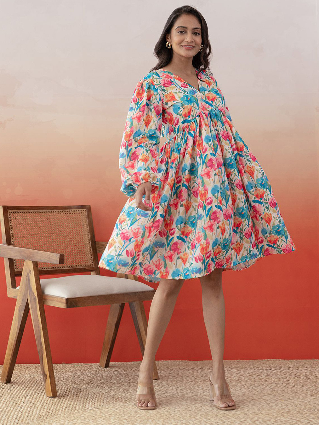 Polago Clothing Puff Sleeve V- neck A-Line Floral Dress