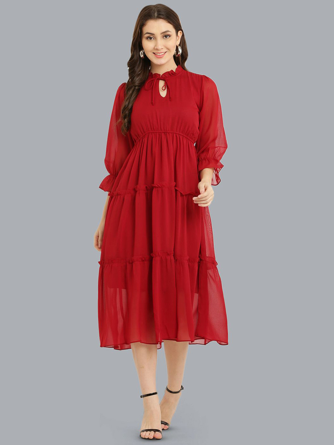Absorbing Women Keyhole Neck Bell Sleeve Georgette Fit & Flare Midi Dress