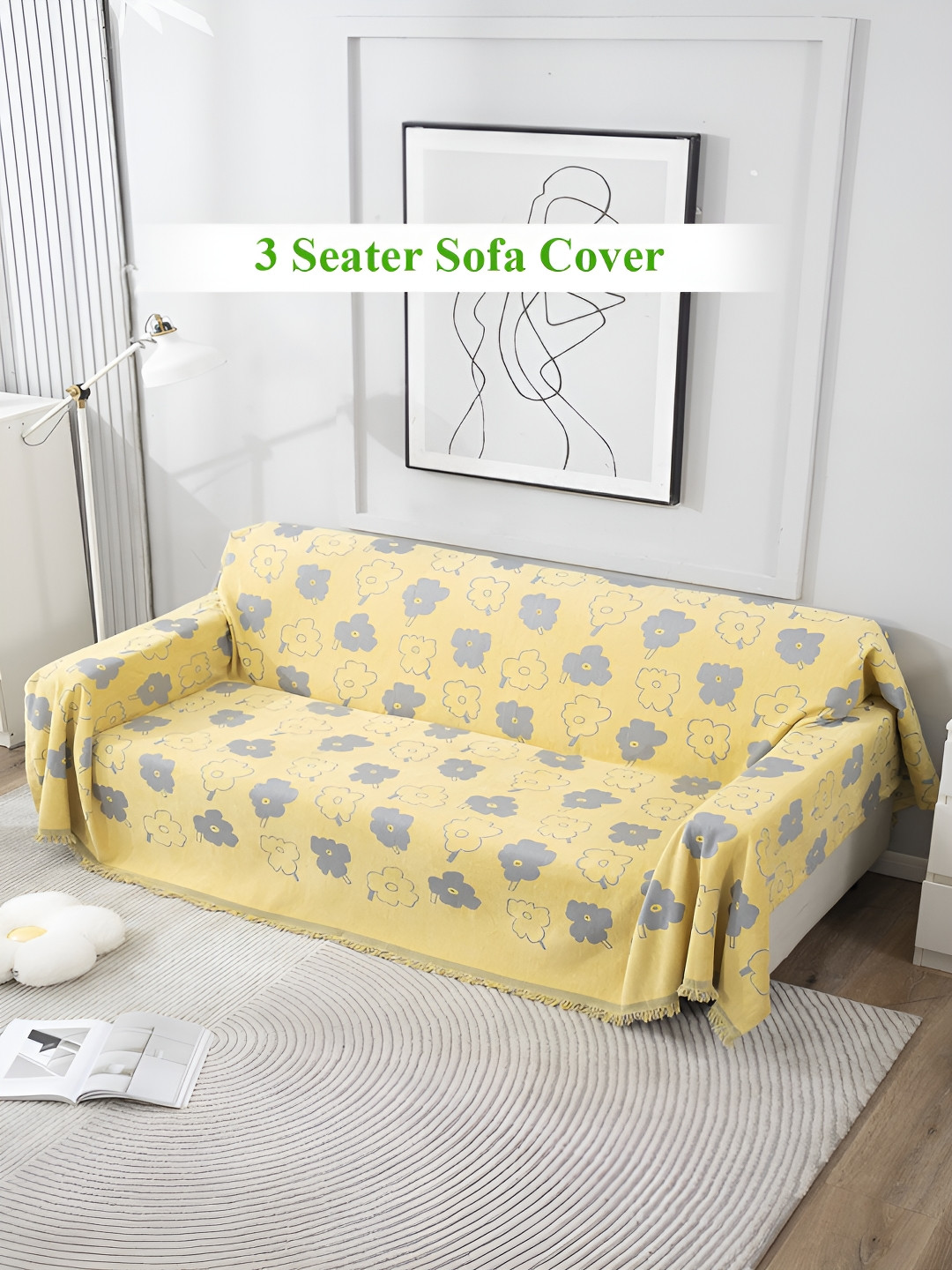 HOKIPO Yellow & Grey Printed 3 Seater Thick and Soft Sofa Throws