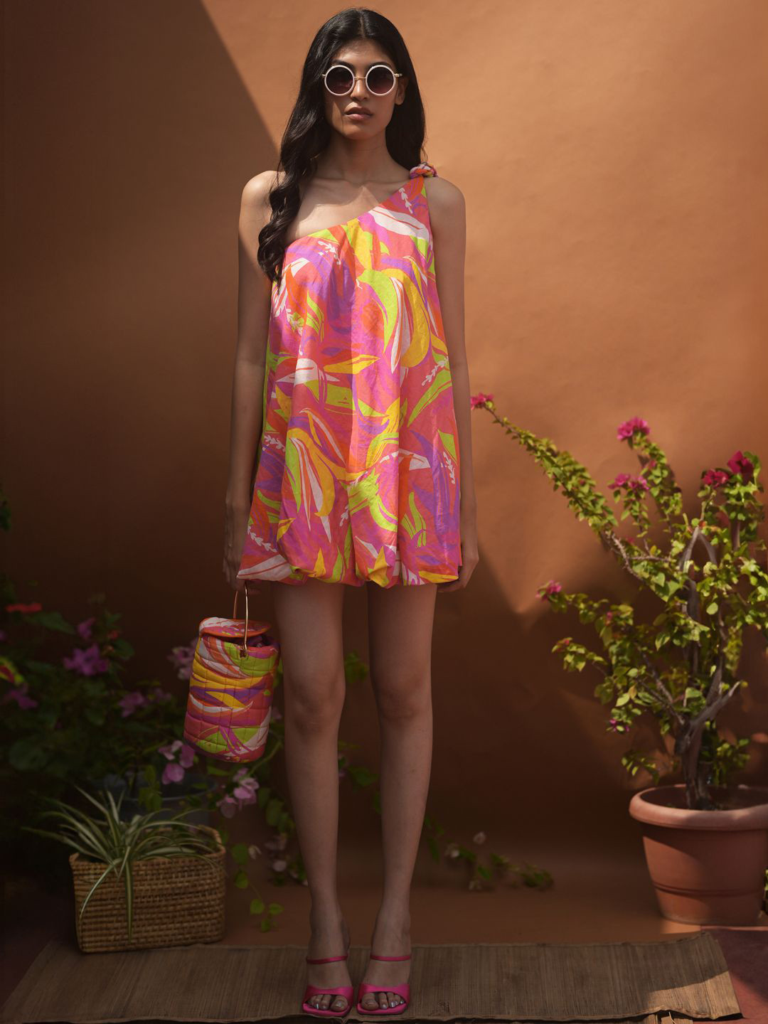 GUAPA Women Printed One Shoulder Linen A-Line Mini Dress