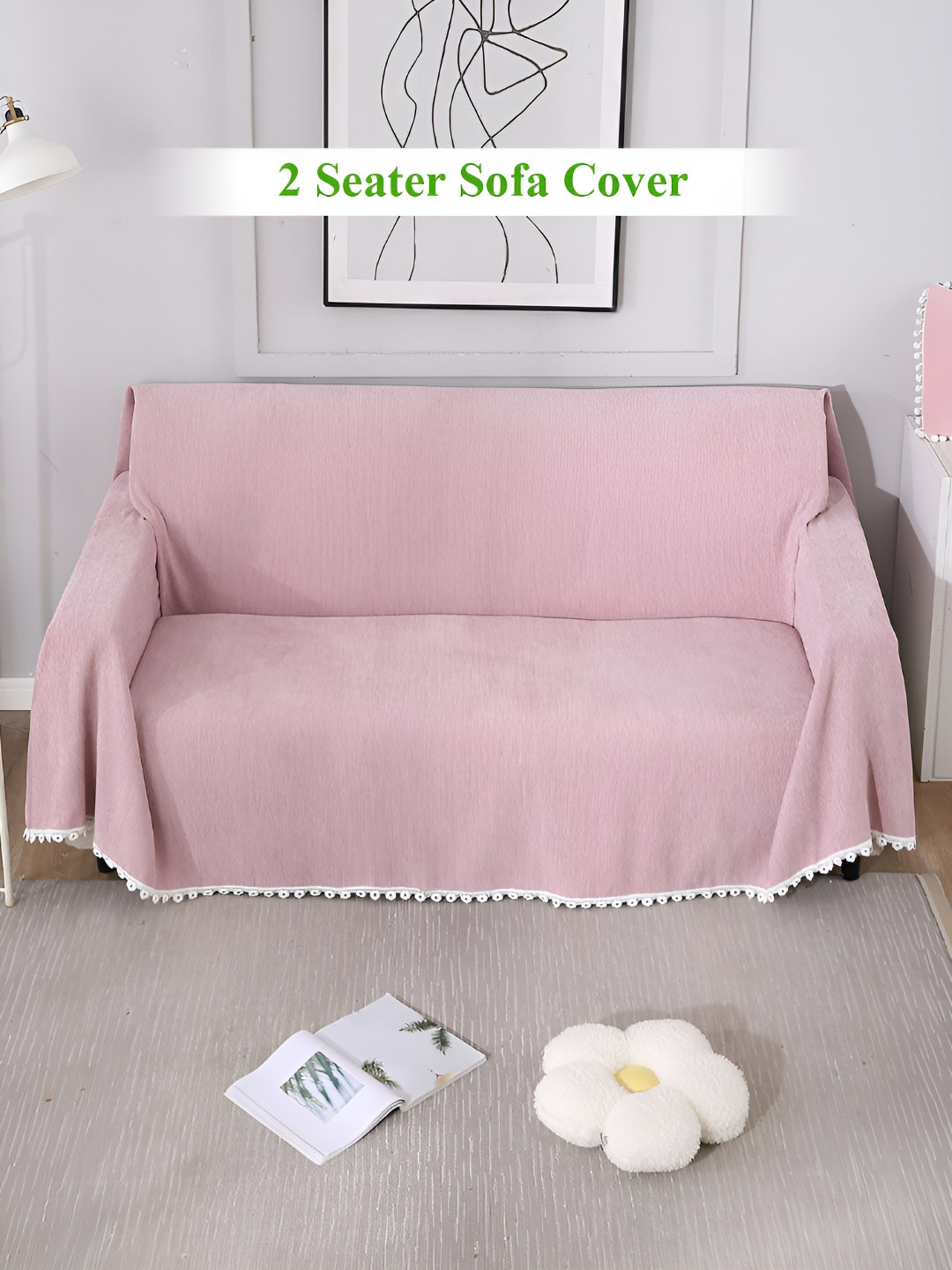 HOKIPO Pink & White Chenille 2 Seater Sofa Throw
