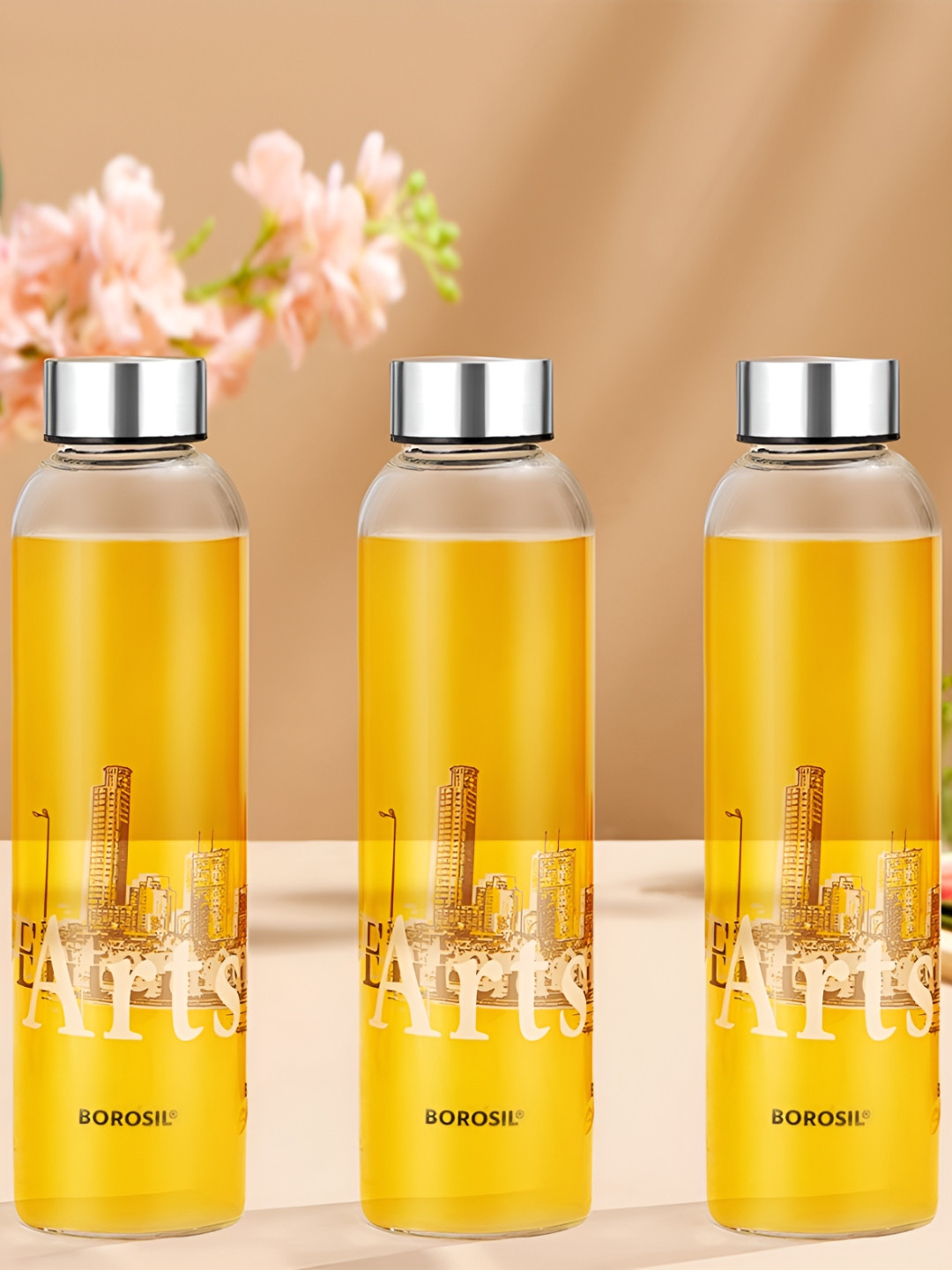 BOROSIL Artisan Series Roma Typography Glass Spill Proof 3 Pcs Water Bottle - 550ml