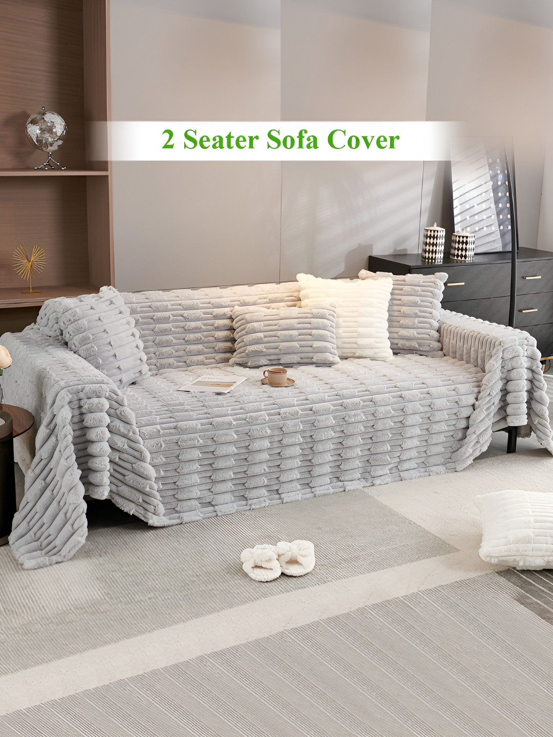 HOKIPO Grey Plain Rabbit Plush 2 Seater Sofa Throw