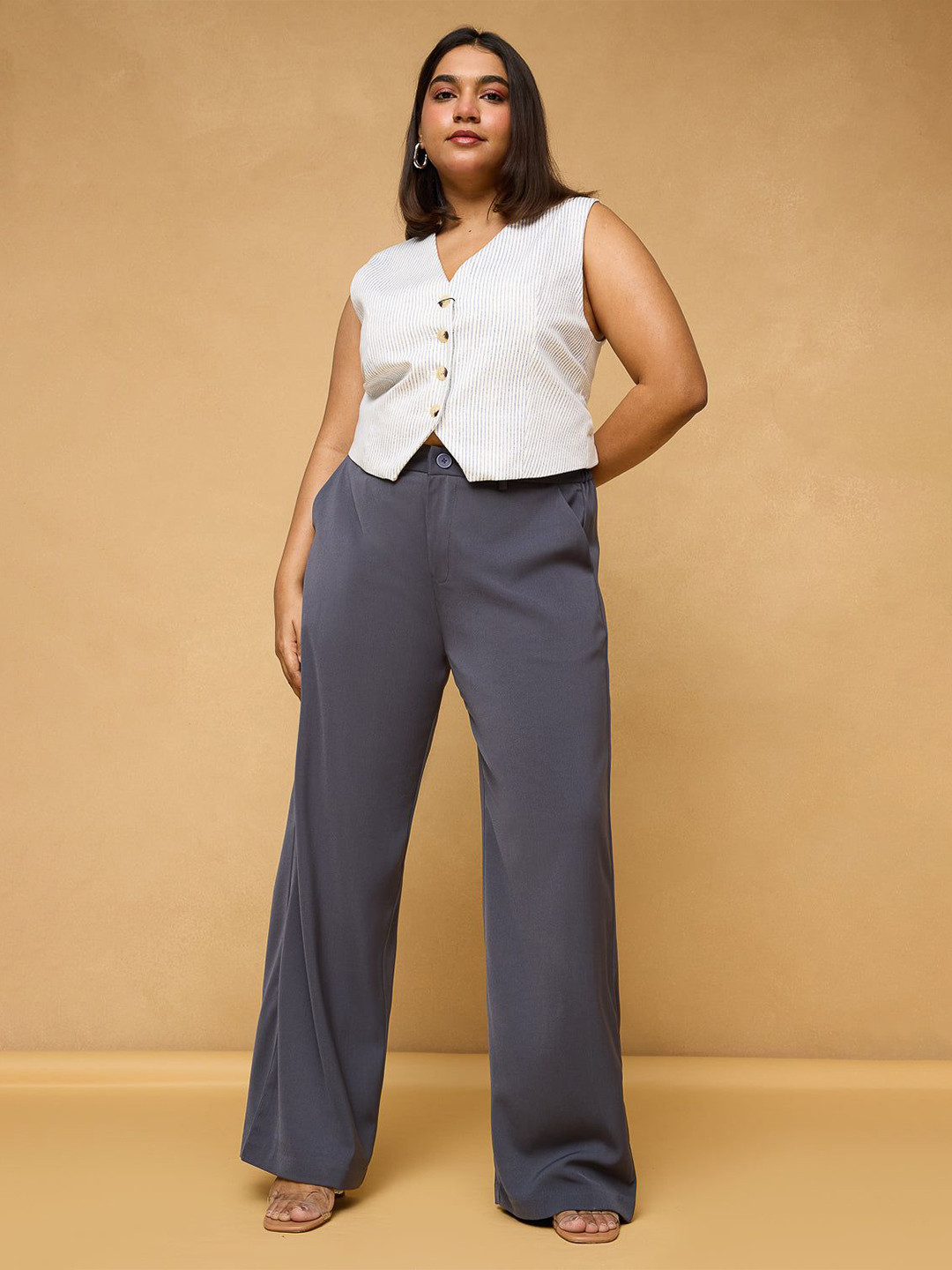 FREAKINS Curve Charcoal Grey Sleek Korean Pants Bootcut Trousers