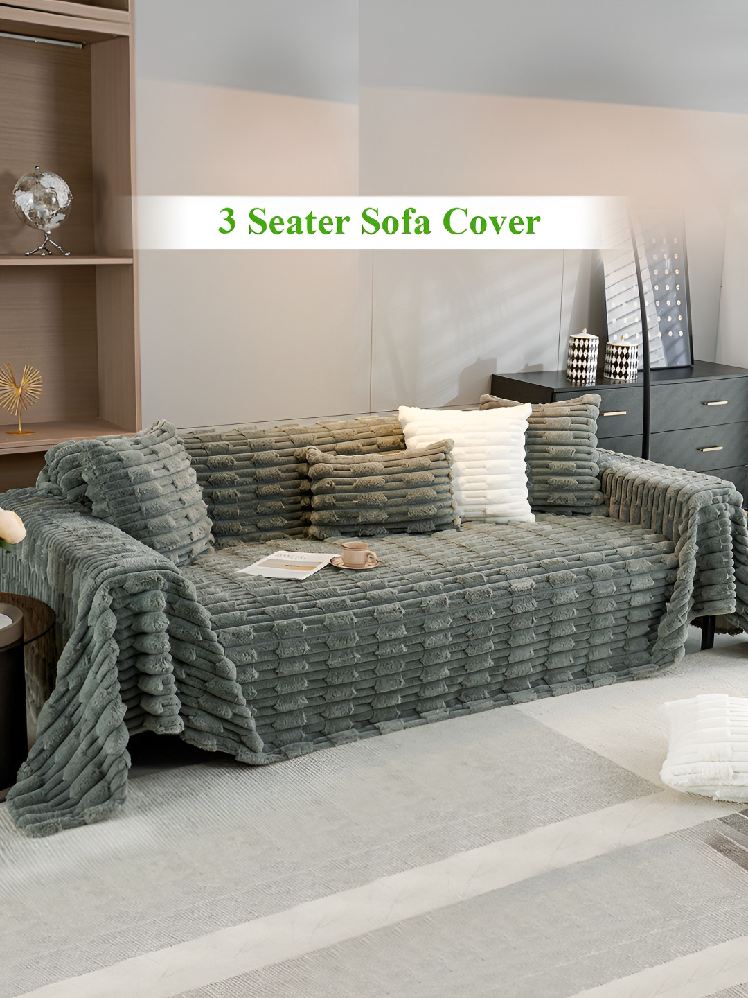 HOKIPO Grey Plain Faux Fur 3 Seater Sofa Throw