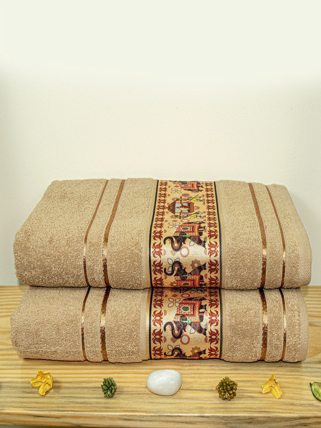 RANGOLI Beige & Bronze Toned 2 Pieces Printed Cotton 450 GSM Bath Towel