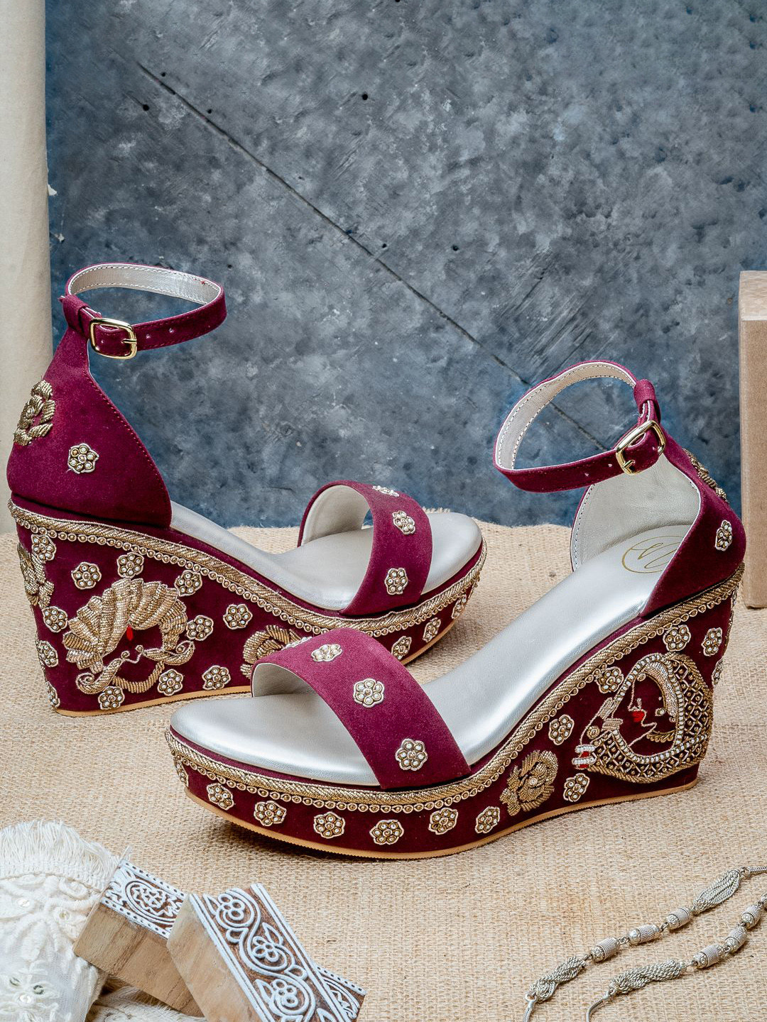 NR By Nidhi Rathi Velvet Ethnic High-Top platform Sandals