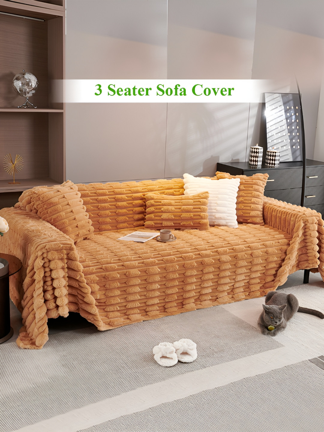 HOKIPO Brown Plain 3 Seater Rectangle Sofa Throw