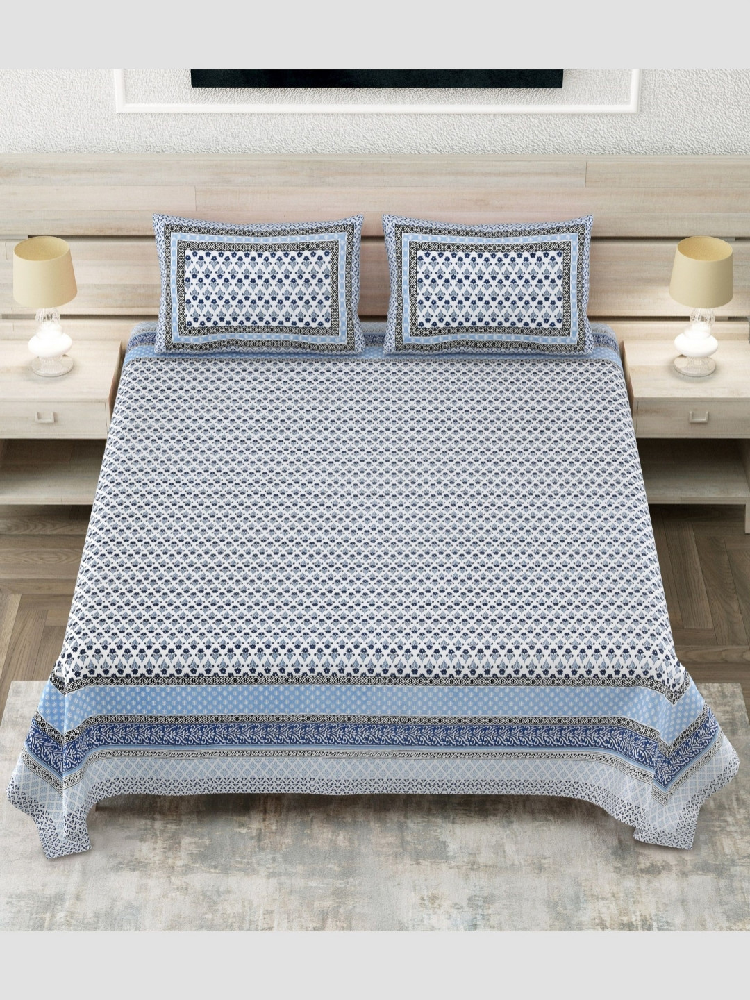 ZAHYA Book Fold White Ethnic Motifs Cotton 144 TC King Bedsheet with 2 Pillow Covers-71.12 x 45.72 cm