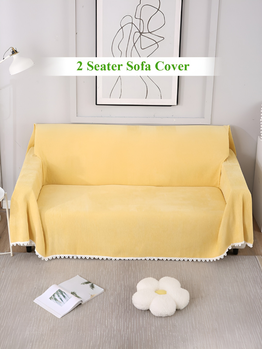 HOKIPO Yellow & White Chenille 2 Seater Sofa Throw