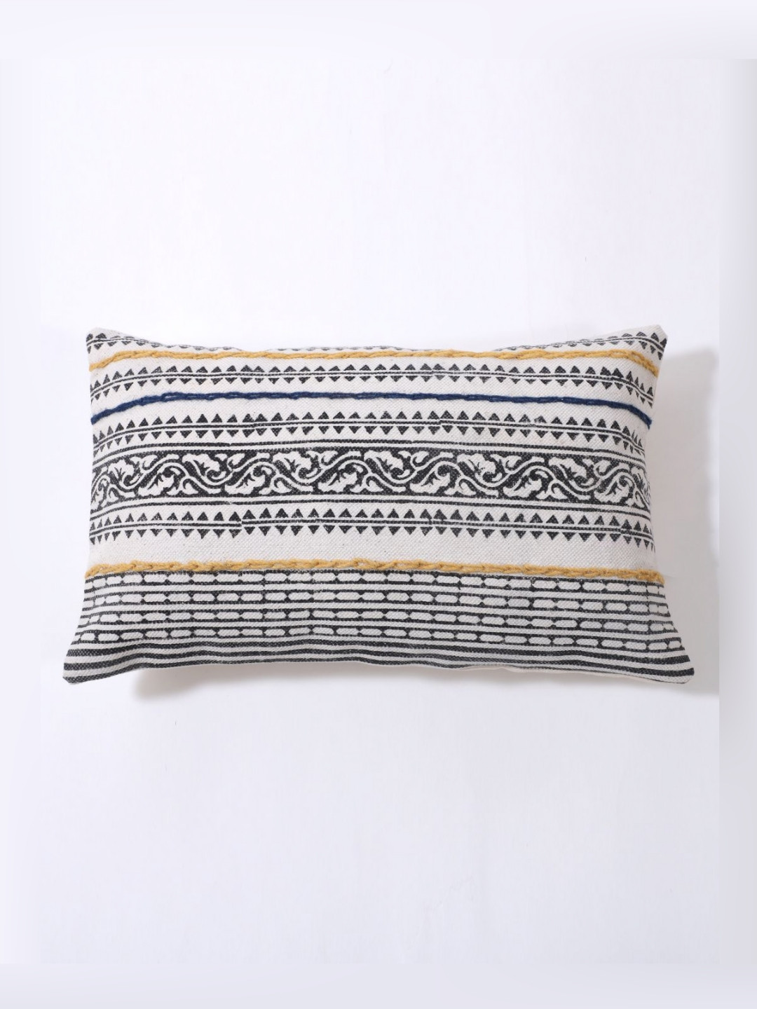 Art Avenue Lumbar White & Grey Geometric Embroidered Rectangle Cotton Cushion Cover