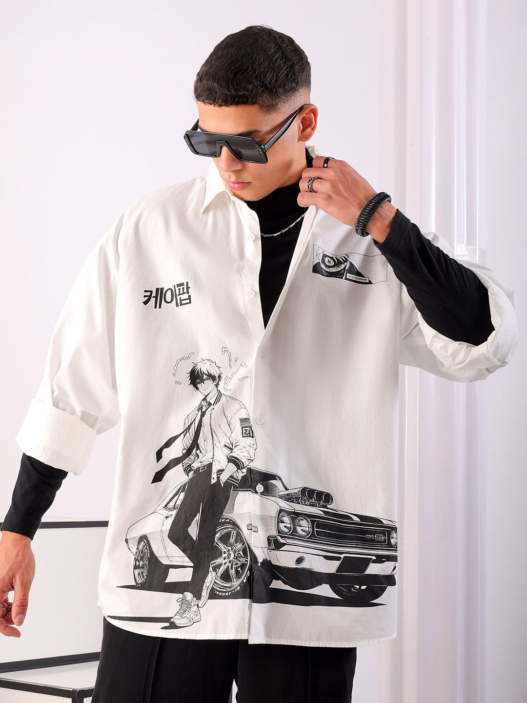The Indian Garage Co Men Anime Printed Cotton Oversized Boxy Streetwear Shirt