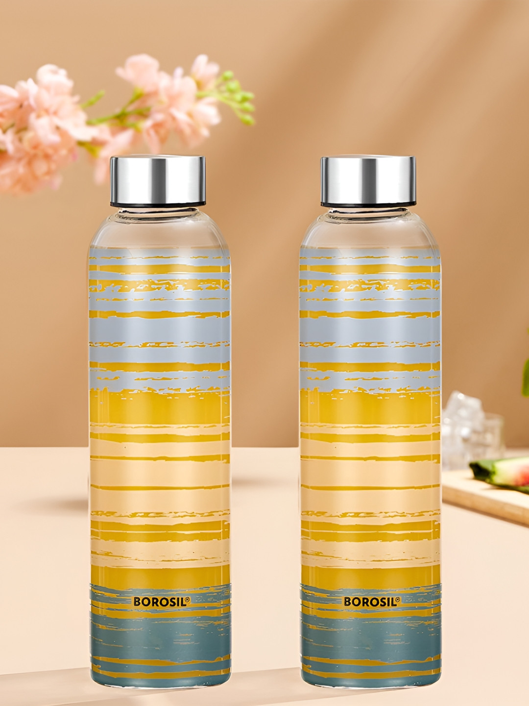 BOROSIL Artisan Series Prism Transparent 2 Pieces Glasses Printed Water Bottles 550 ml