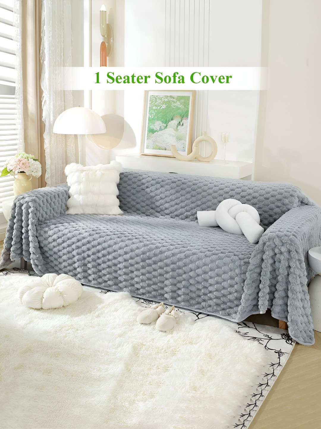 HOKIPO Grey Textured Woollen 1 Seater Sofa Throw