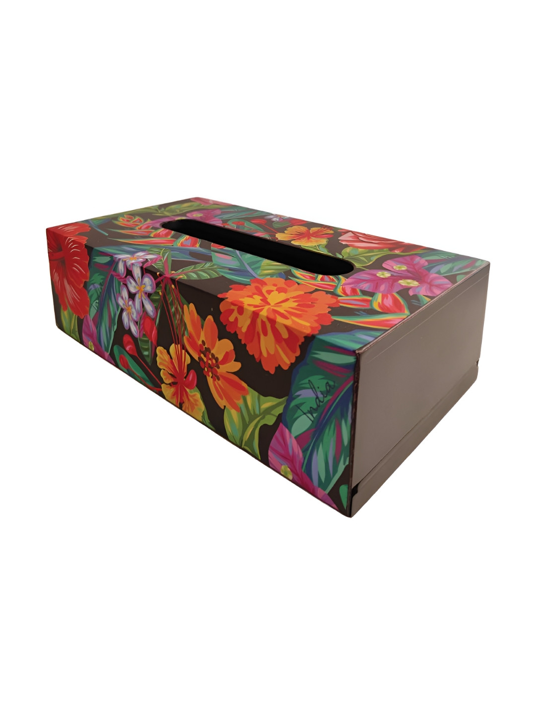 MAATIR DESIGNS Black & Orange Coloured Printed Wooden Tissue Holder