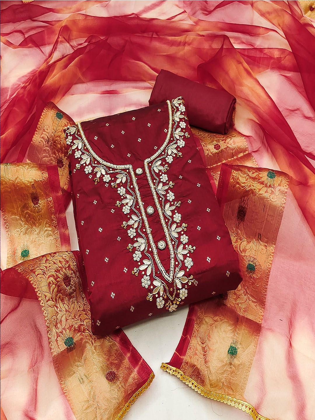 Lilots Floral Woven Design Modal Silk Zari Unstitched Dress Material