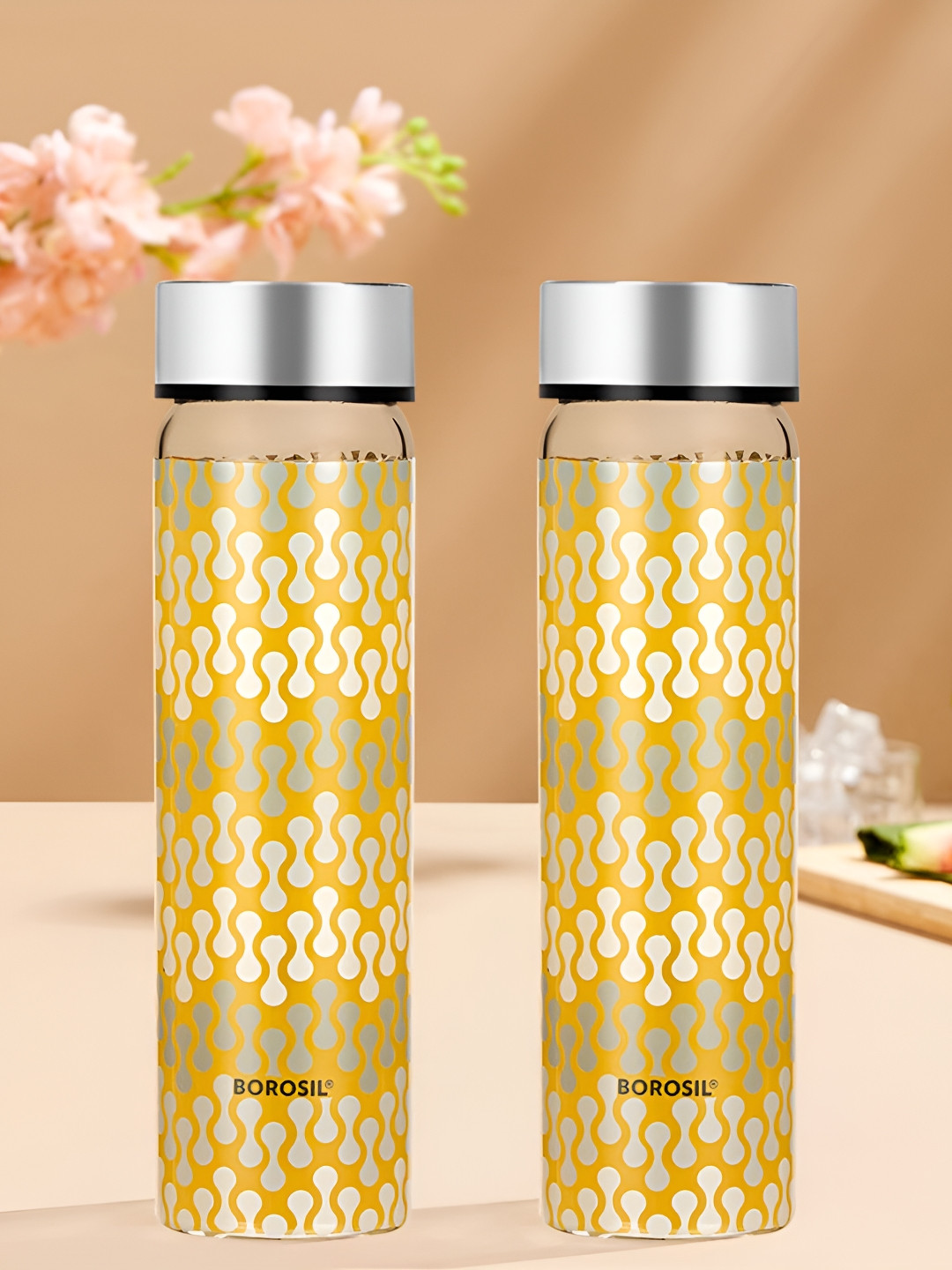 BOROSIL Artisan Transparent Abstract Glass Spill Proof 2 Piece Water Bottle - 550ml