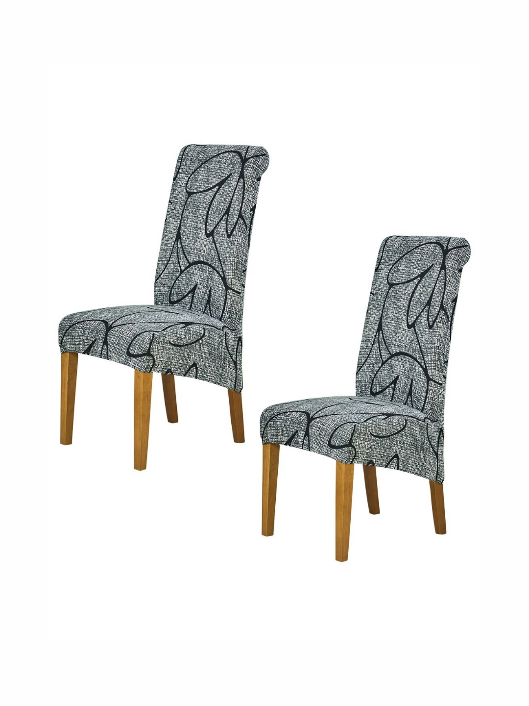 HOKIPO Grey & Black 2 Pieces Printed 140 GSM Long Back Dining Chair Covers