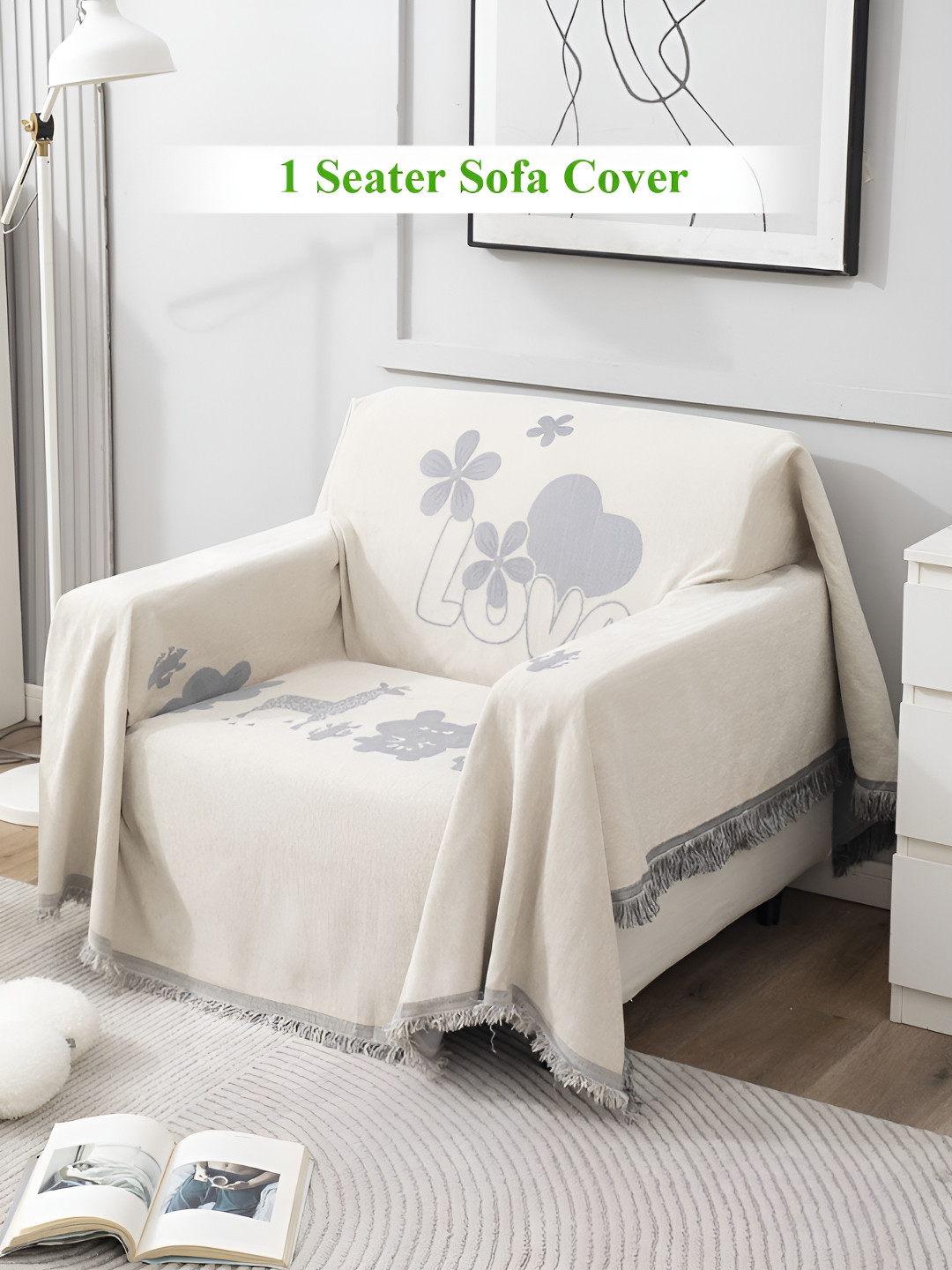 HOKIPO Off White & Grey Floral Single Seater Sofa Throw
