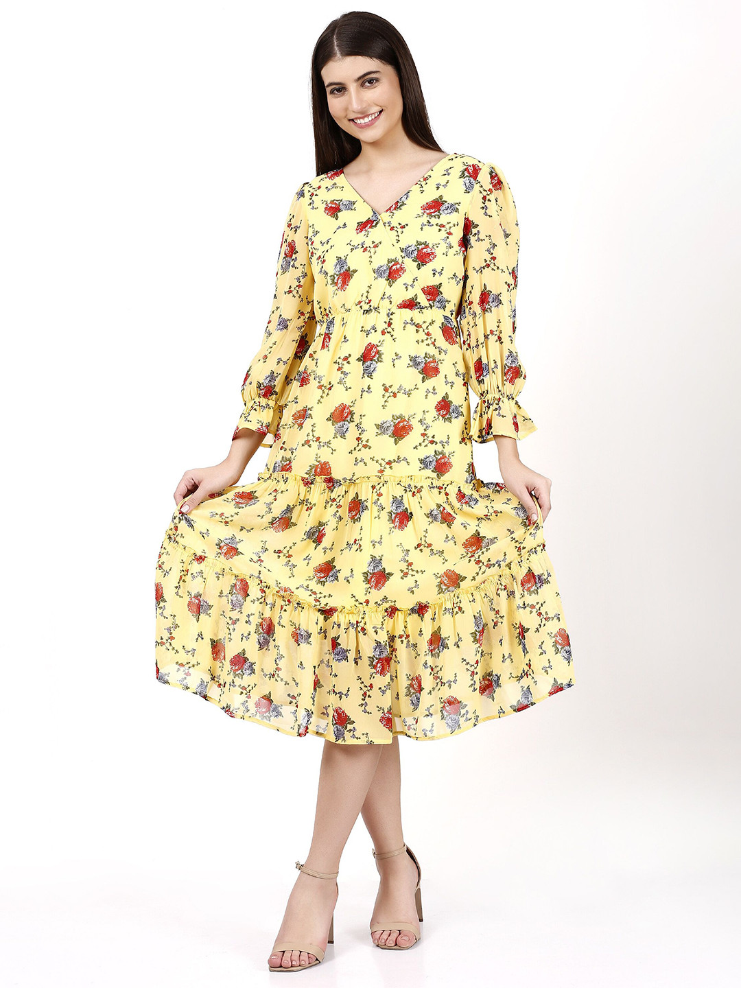 D 'VESH Floral Printed Bell Sleeves Fit and Flare Midi Dress