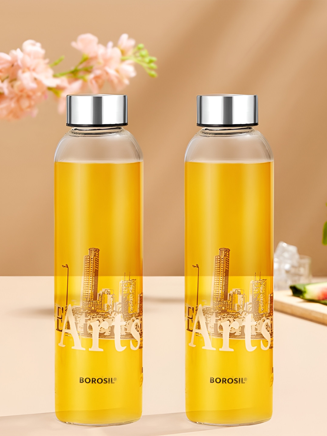 BOROSIL Artisan Series Roma Typography Glass Airtight 2 Pcs Water Bottle - 550ml