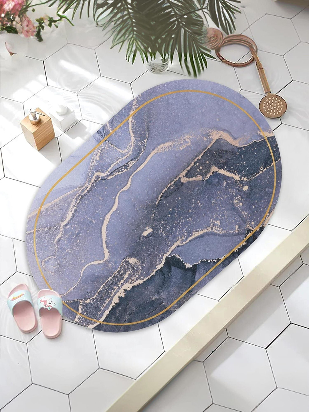 Kuber Industries Grey & Purple 3 Pieces Abstract Printed Anti Skid 240 GSM Bath Rugs