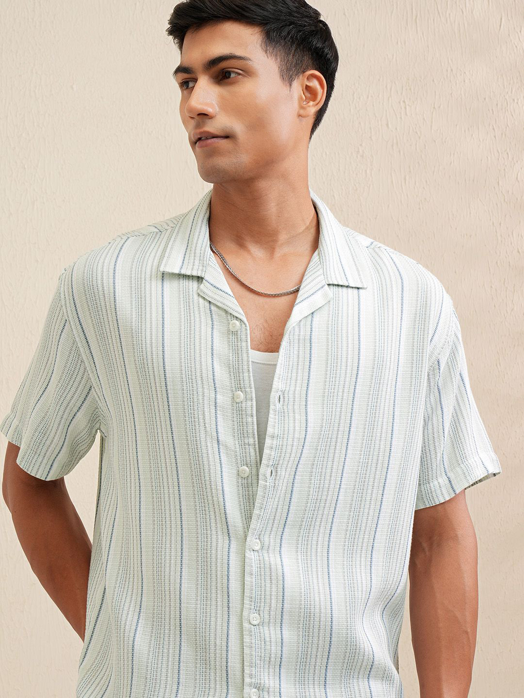 LOCOMOTIVE Premium MenDobby Textured Horizantal Striped Cuban Collar Relaxed Shirt