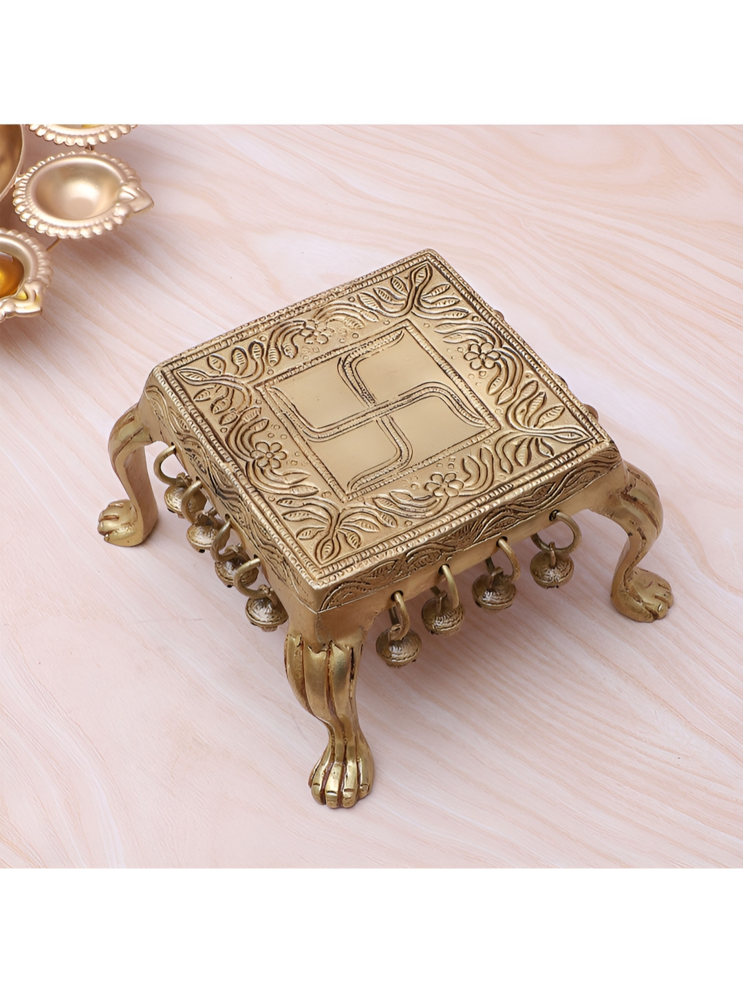 Two Moustaches Brown Swastika Engraved Brass Pooja Chowki