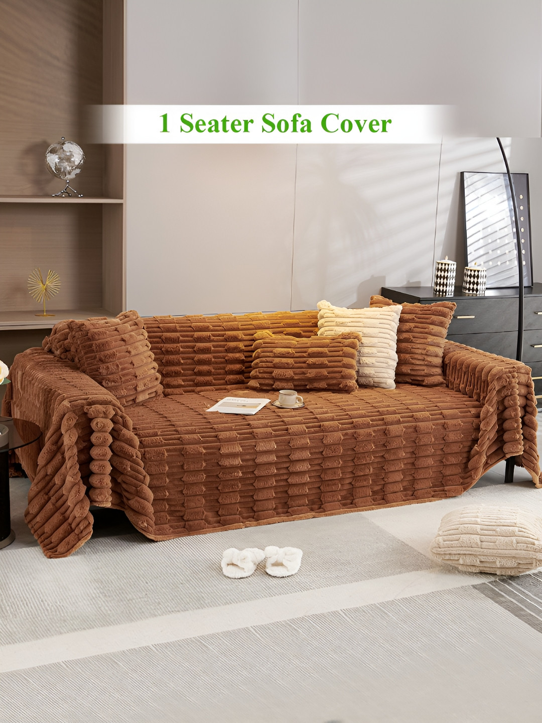 HOKIPO Brown Textured Plush Single Seater Sofa Throw