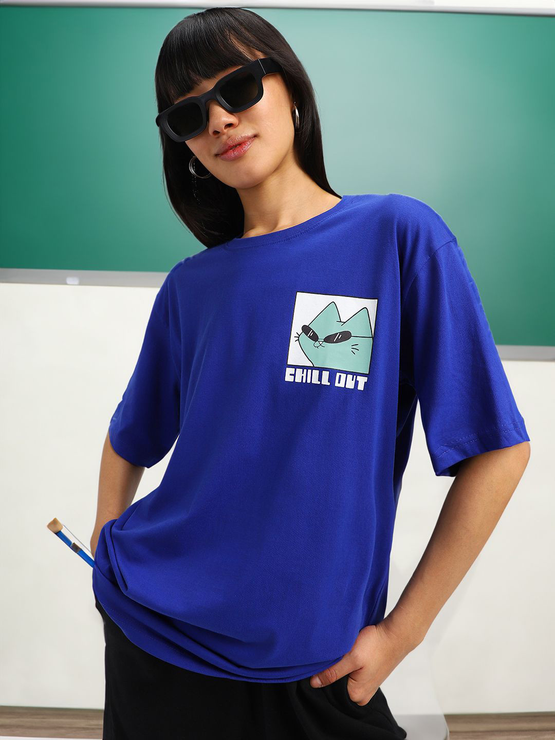 JUNEBERRY Women Blue Chill Out Print Round Neck Relaxed Fit Pure Cotton Oversized T-shirt