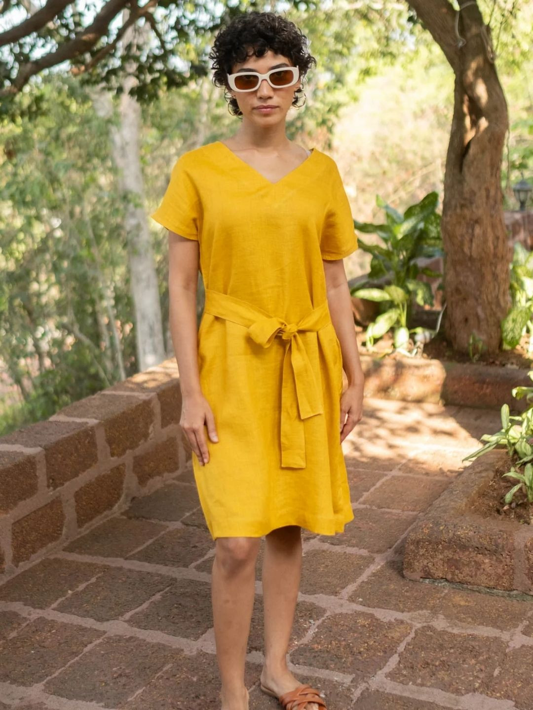 Creatures of Habit Women Linen V Neck Shift Dress