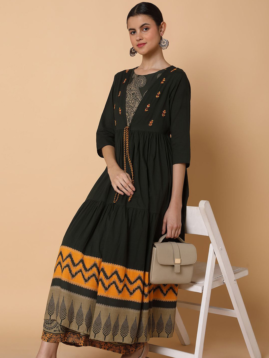 SHOWOFF Ethnic Motifs Printed Round Neck Pleated Anarkali Kurta With Shrug