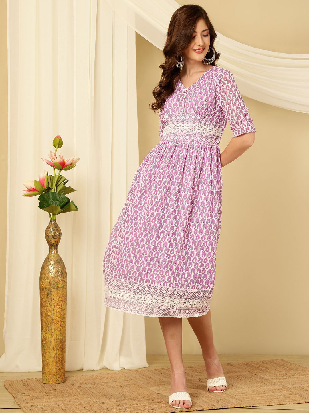 AKIMIA Lakhnawi Chinkari Sequinned Fit & Flare Midi Ethnic Dress