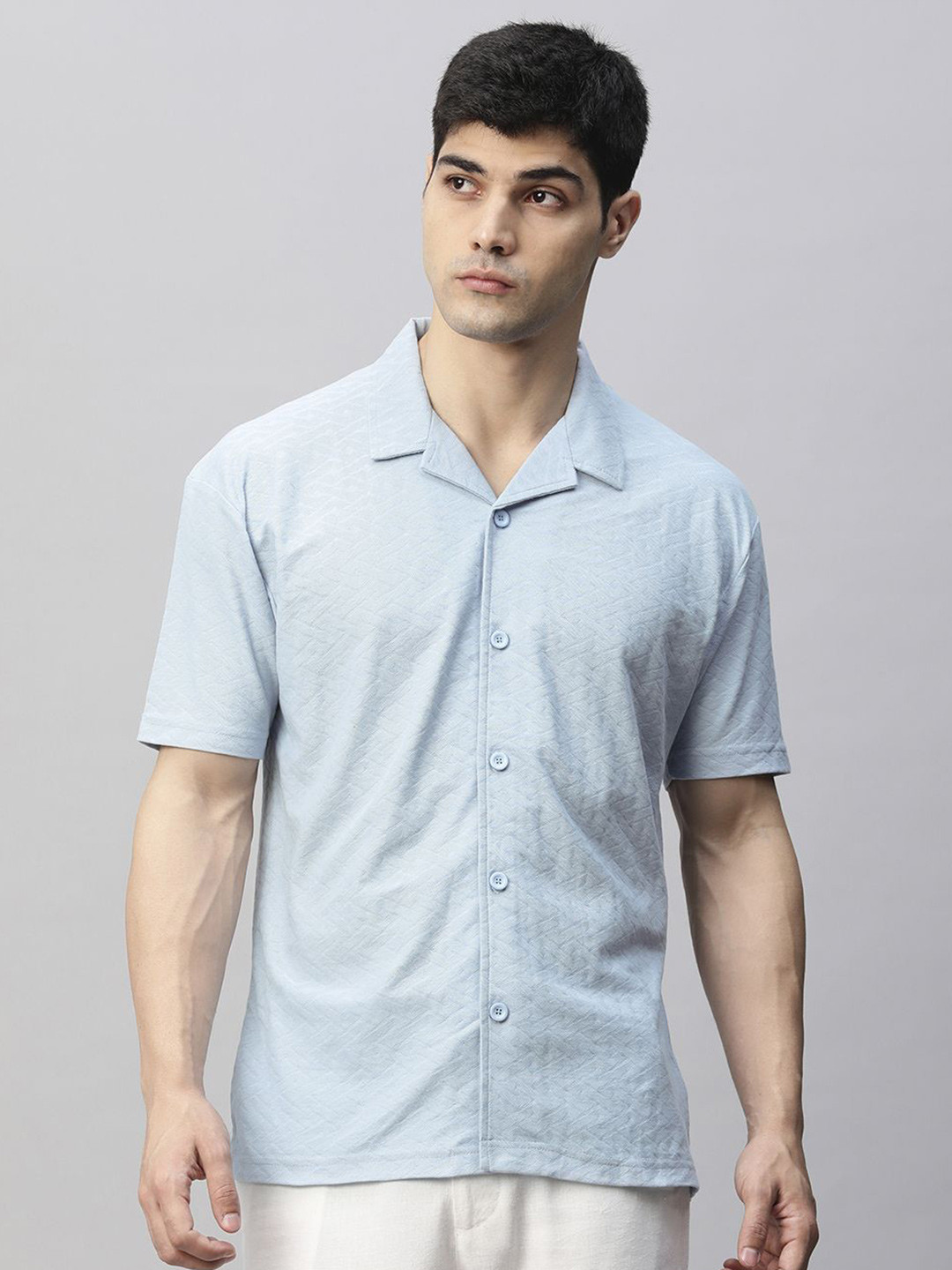 PRONK Men Cuban Collar Textured Casual Shirt