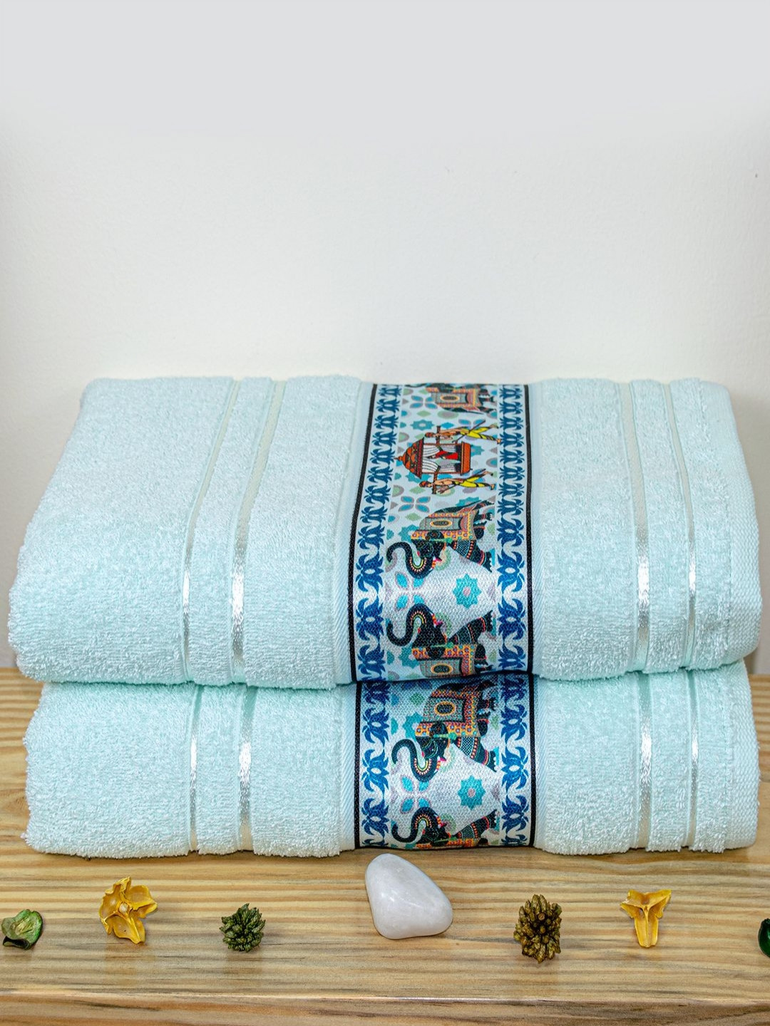 RANGOLI Turquoise Blue & Silver Toned 2 Pieces Printed Pure Cotton 450 GSM Bath Towel