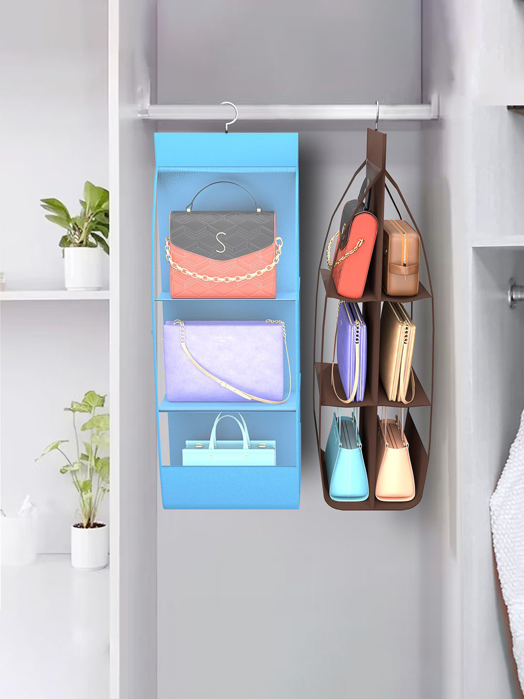 Kuber Industries Blue & Brown 2 Pieces Multi-Utility Hanging Organizers