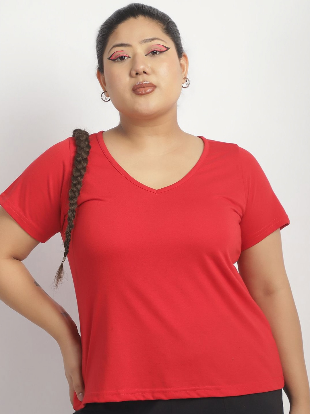 thkgrlz Women Solid V-Neck Cotton T-shirt