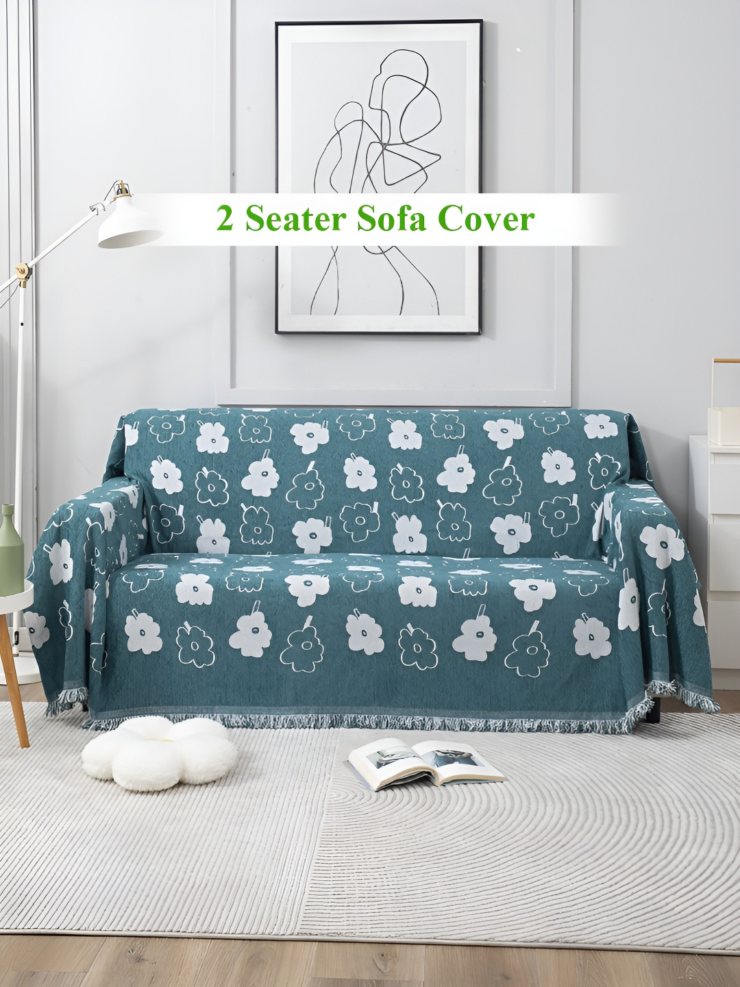 HOKIPO Teal-Blue & White Floral Printed Cotton Chenille 2 Seater Sofa Throw