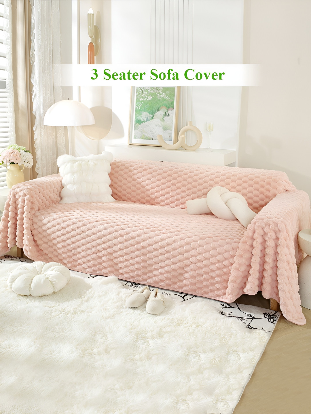 HOKIPO Pink Plain Rabbit Plush 3 Seater Rectangle Sofa Throw