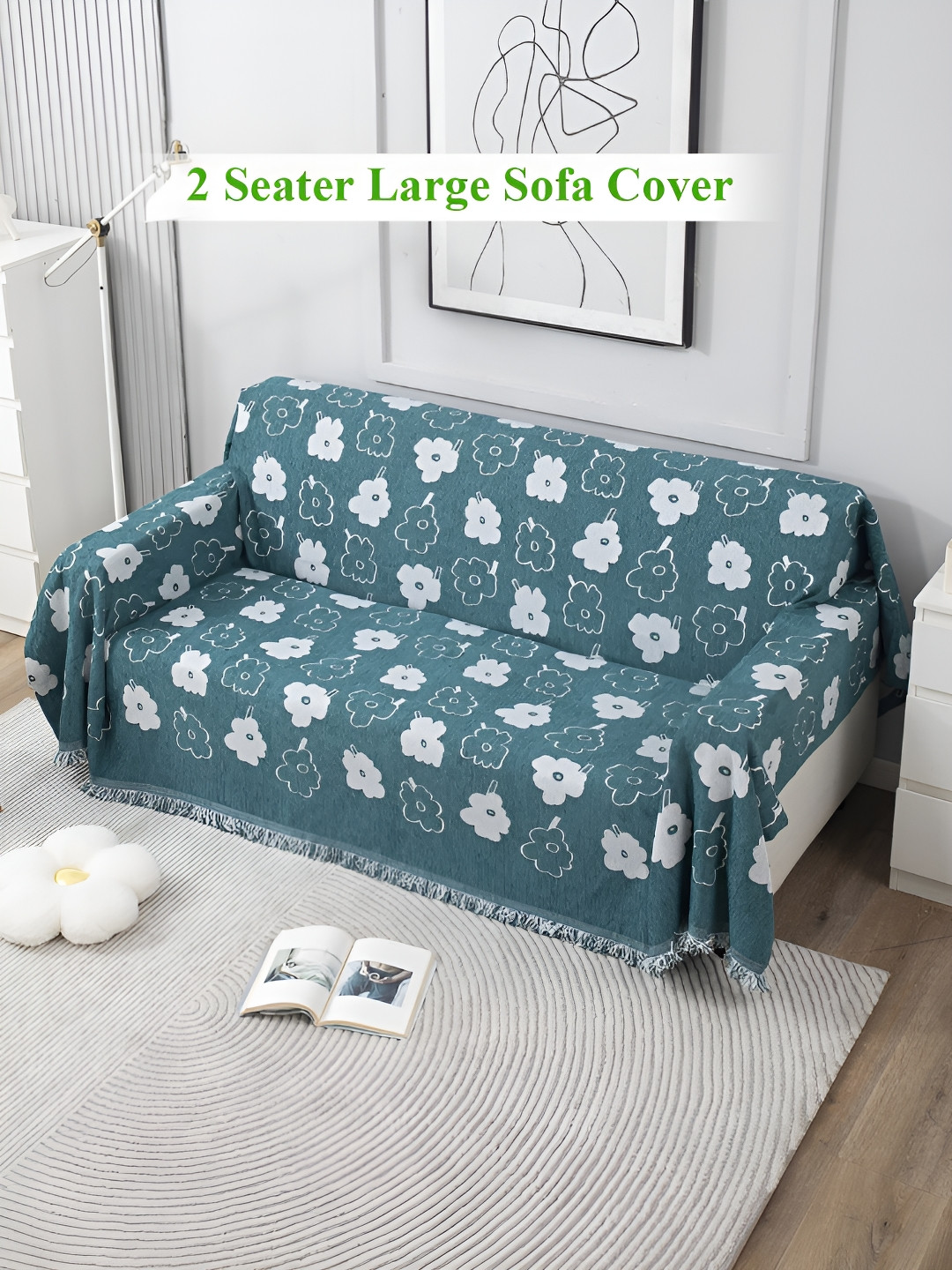 HOKIPO Teal Green & White Chenille Floral Printed 2 Seater Sofa Throw