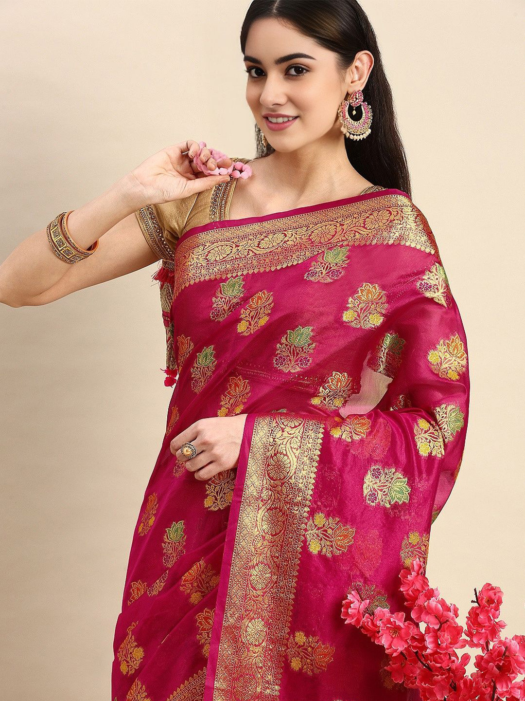 KIMISHA Ethnic Motifs Zari Organza Handloom Banarasi Saree