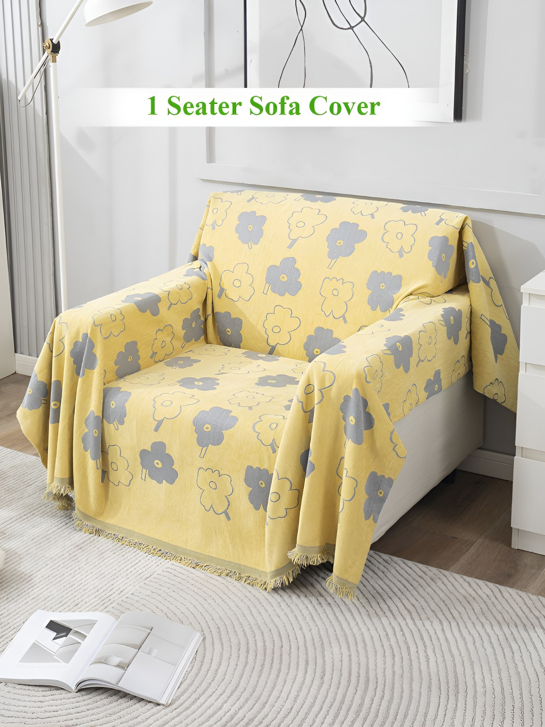 HOKIPO Yellow & Grey Floral Printed Chenille 1 Seater Couch Protector Throw
