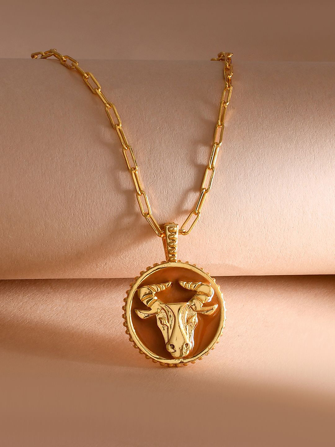 Voylla Gold-Plated Zodiac Taurus And Evil Eye Reversible Pendant with Chain