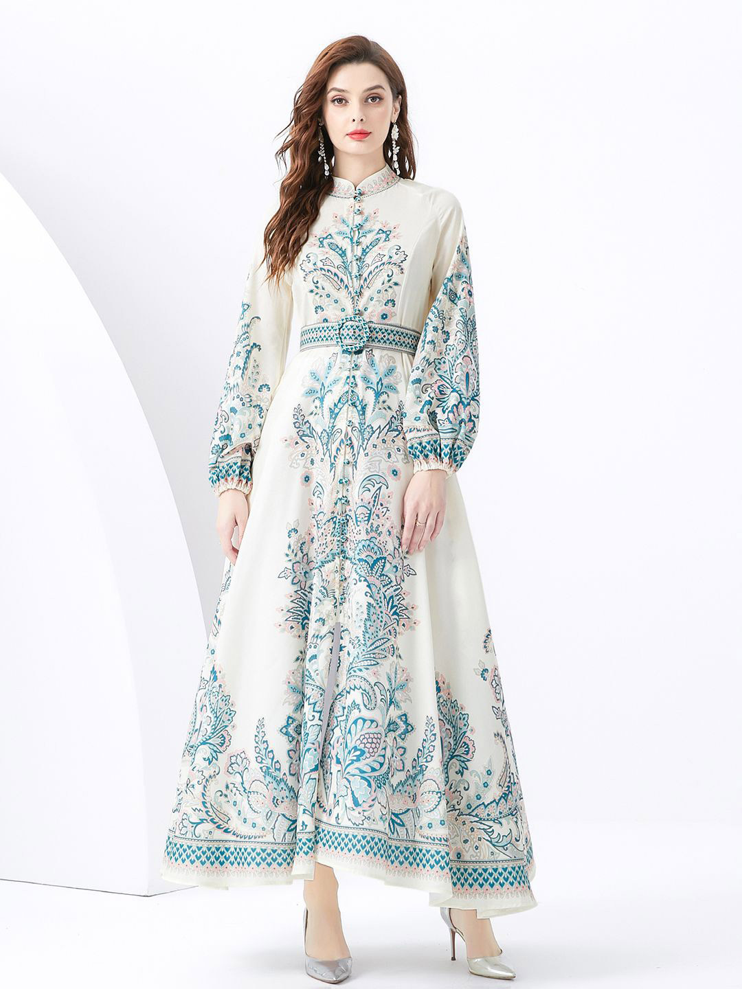 JC Collection Mandarine Collar Puff Sleeve Maxi Dress