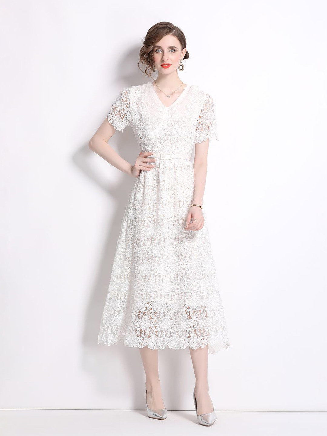 JC Collection V-Neck Short Sleeve Belted A-Line Midi Dress